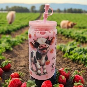16 oz Snow Globe "Strawberry Milk" Cute Pink Cow Tumbler Cup Lid Straw Straw Cap